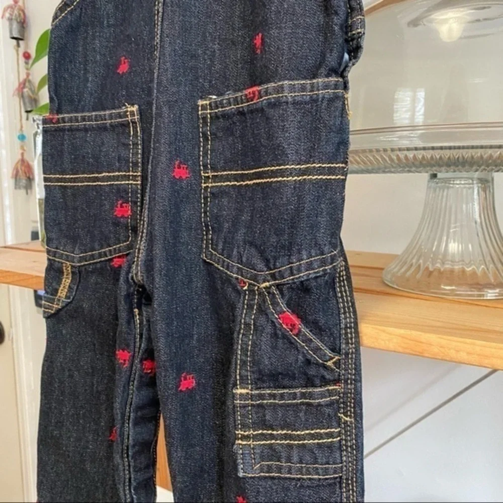 OshKosh B’gosh Red Train Embroidered Denim Overall Bibs 12 months